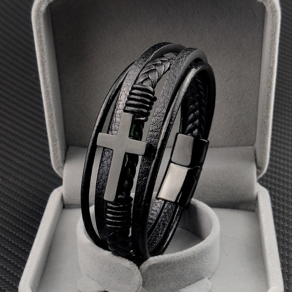 Pulsera de cuero tejido con cruz negra y dije de acero inoxidable para hombre