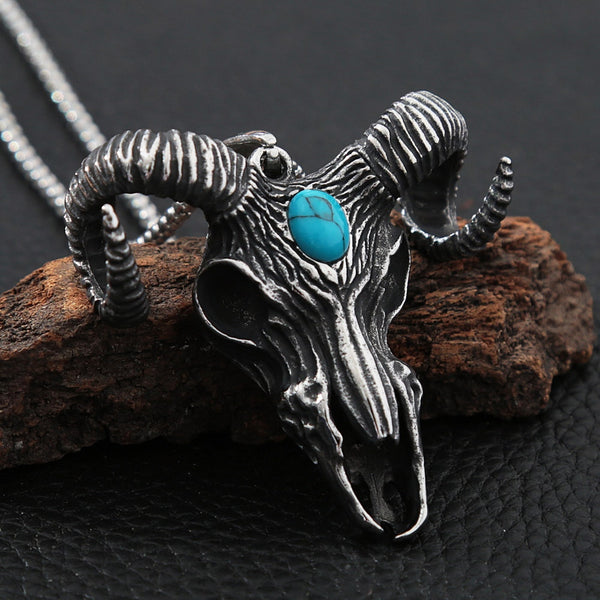 Colgante de calavera gótica de Satanás, collar de acero inoxidable, colgante de calavera de animal de motociclista con piedra grande punk y oveja