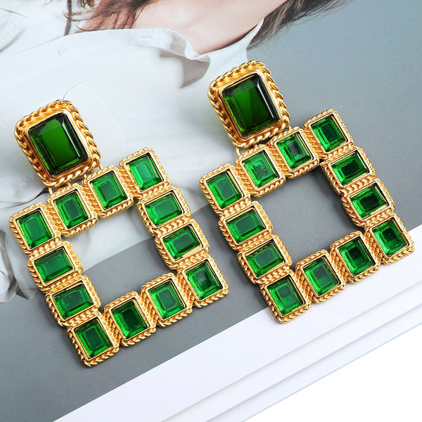 Pendientes colgantes llamativos de cristal verde brillante