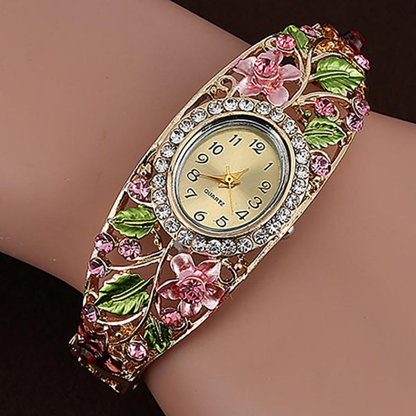 Reloj de pulsera vintage de aleación de imitación de cristal con bonito estampado floral