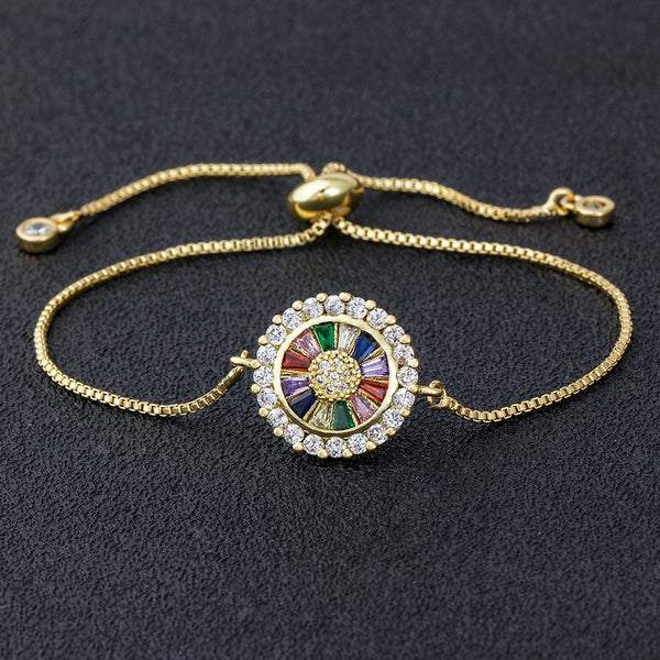 Pulsera de cadena ajustable de cobre con circonita cúbica, color dorado y plateado, joyería de moda arcoíris para mujer