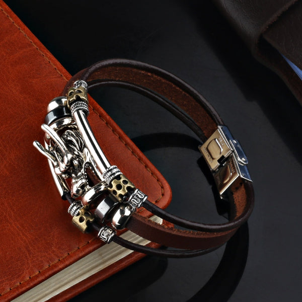 Pulsera clásica tibetana de cuero múltiple para hombre, estilo personalidad, brazalete de dragón chino