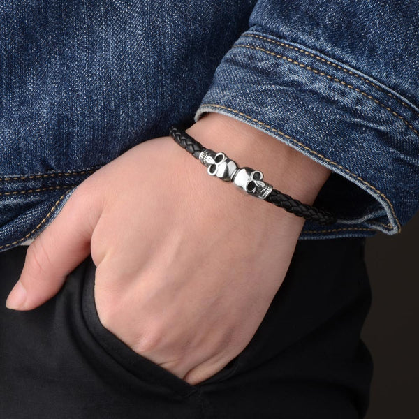 Genuine Leather Bracelet Cool Skull Skeleton Head Bangle Black Braided Viking Bracelet