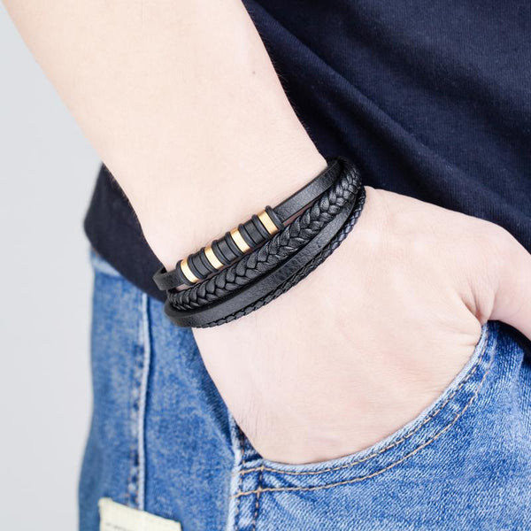 Pulsera de cuero tejido multicapa para hombre con cadena de cuerda.