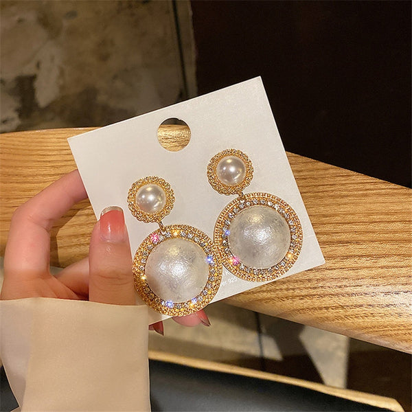 Pendientes colgantes de perlas de imitación para mujer con diamantes de imitación