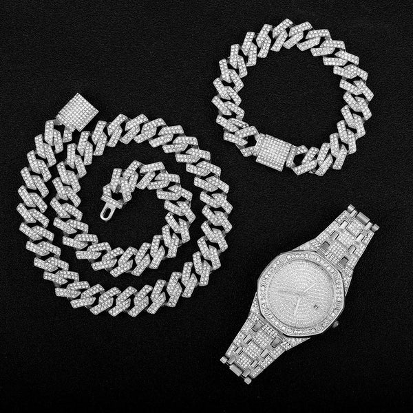 Hip Hop Gold Color Necklace +Watch+Bracelet
