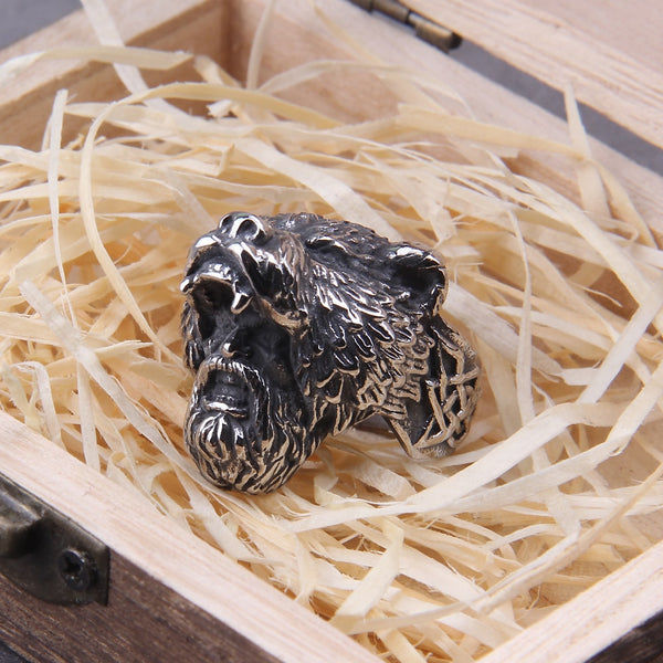 Anillo de animal con cabeza de oso vikingo único de acero inoxidable 316 que nunca se decolora