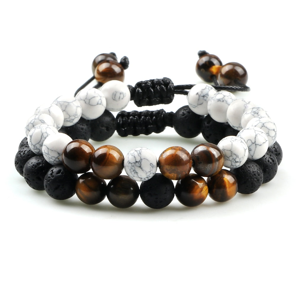 2Pcs Adjustable Braided Natural Stone Beads Bracelets Bangles For Couples Women Men