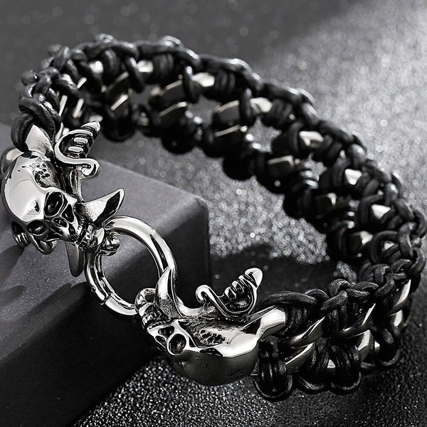 Pulseras de cuero trenzado para hombre, pulseras de acero inoxidable con diseño de calavera para hombre