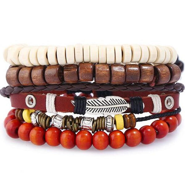 Pulsera vintage de cuero para hombre con cuentas de piedra de madera y múltiples capas trenzadas.