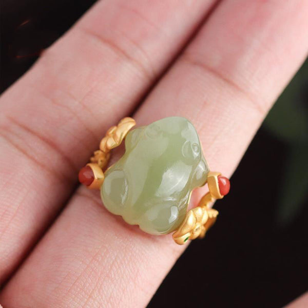 original new natural Hetian jade frog gilt lotus leaf opening adjustable ring