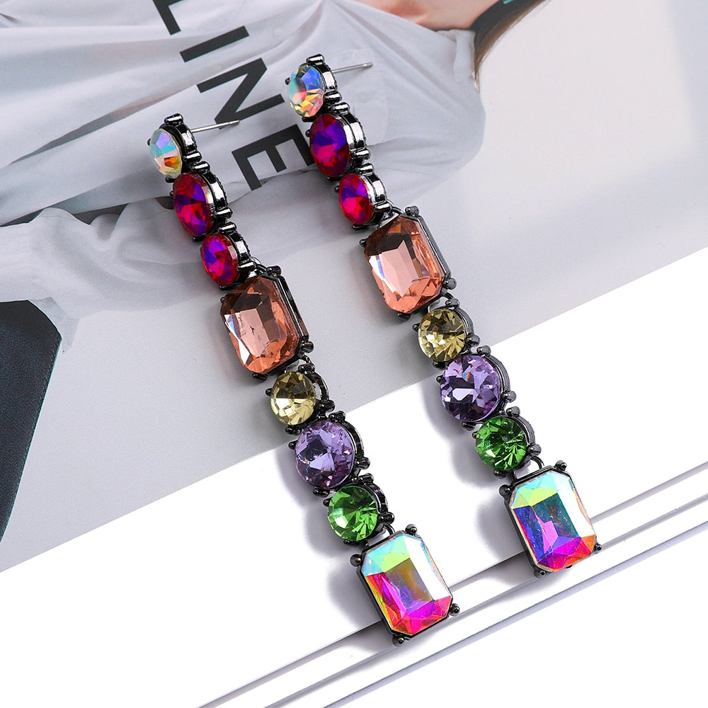 Colorful Geometric Crystal Glass Long Dangle Earrings For Women