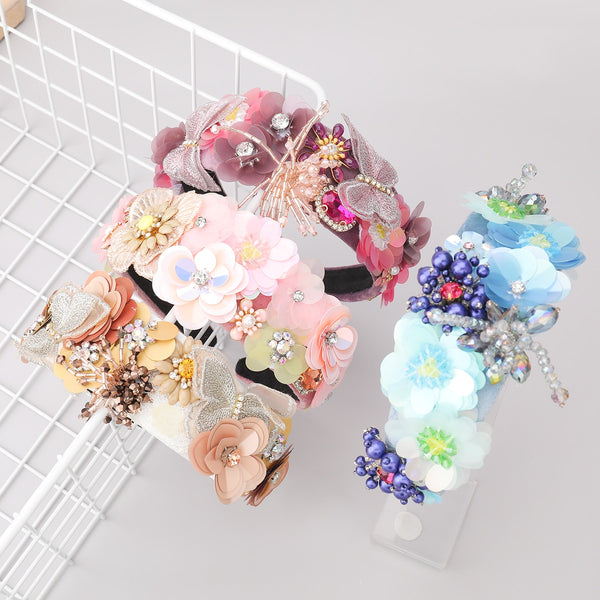 Diadema de mariposa con encaje floral de resina y lentejuelas de moda, diadema barroca de lujo para niña