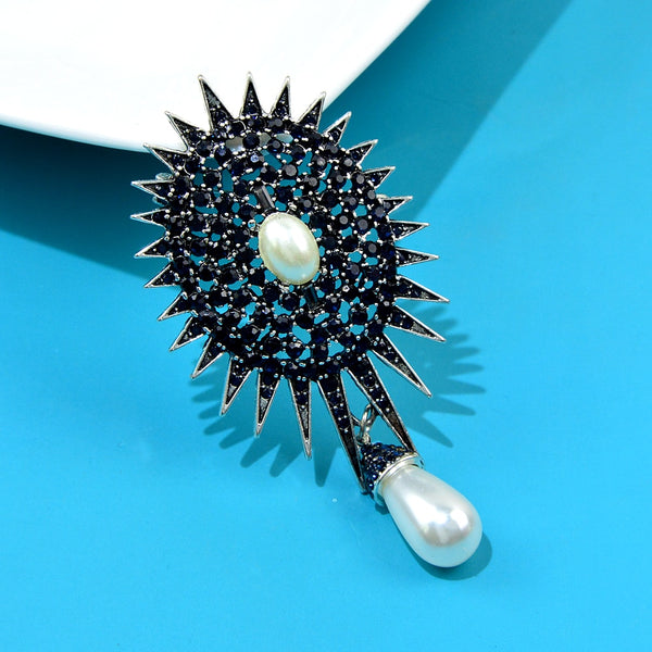 Rhinestone large sun style pearl brooch pendant design navy blue color big pin