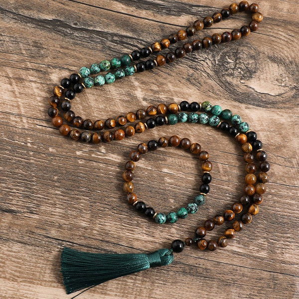 Japamala de turquesa africana con ojos de tigre amarillo de 8 mm y ónix negro, ideal para meditación, yoga y espíritu.