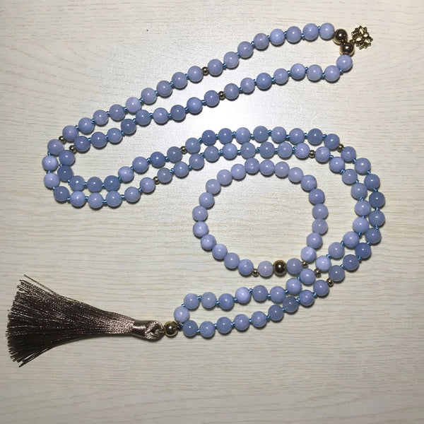 Collar anudado de cuentas de aguamarina de 8 mm, 108 japamalas, meditación, yoga, sanación, conjunto de joyas
