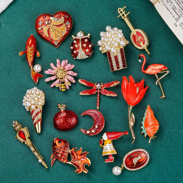 Broche barroco con flor de palacio vintage, broche de perla de esmalte rojo
