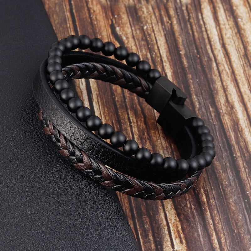 Charm Rope Stainless Steel Magnetic Natural Stone Leather Man Bracelet