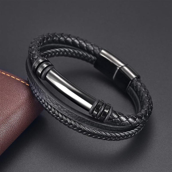 Pulsera de cuero multicapa de acero inoxidable para hombre con cierre magnético, pulseras trenzadas negras