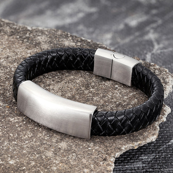 Pulseras de cuero negro genuino para hombre
