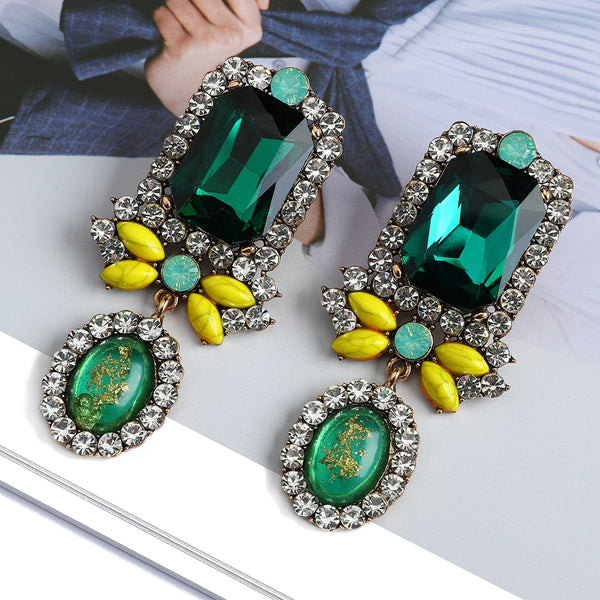 Pendientes grandes morados con dijes de lujo, pendientes cuadrados de cristal transparente