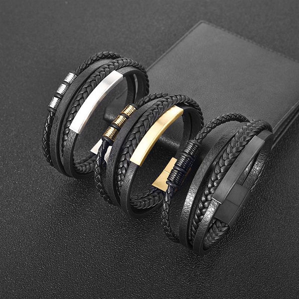 Brazaletes de cuero trenzado multicapa con cierre magnético, joyería punk rock para hombre