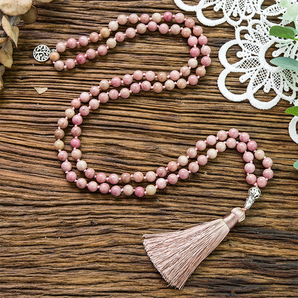 Collar Japa Mala de rodocrosita natural de 8 mm con 108 cuentas anudadas