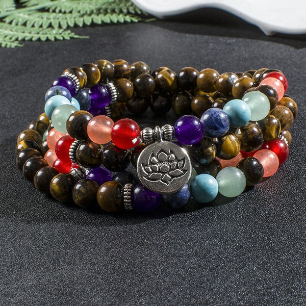 8mm Natural Yellow Tiger Eye 7 Chakra Elastic Rope Wrapping Bracelet