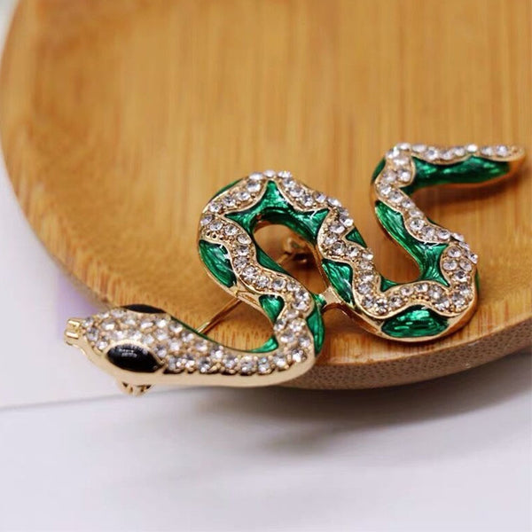 Green Snake Brooches Women Men Rhinestone Enamel Snake Animal Party Casual Brooch