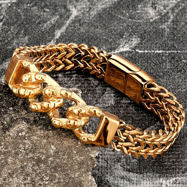 Pulsera de calavera de acero inoxidable con cadena dorada para hombre