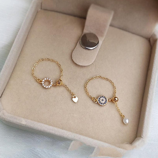Golden diamond round soft chain retractable adjustable ladies ring