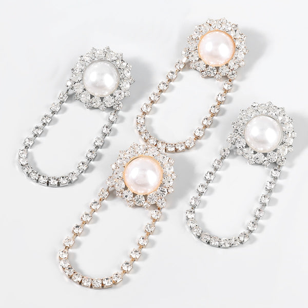 Pendientes geométricos de perlas de imitación de metal y diamantes de imitación de moda
