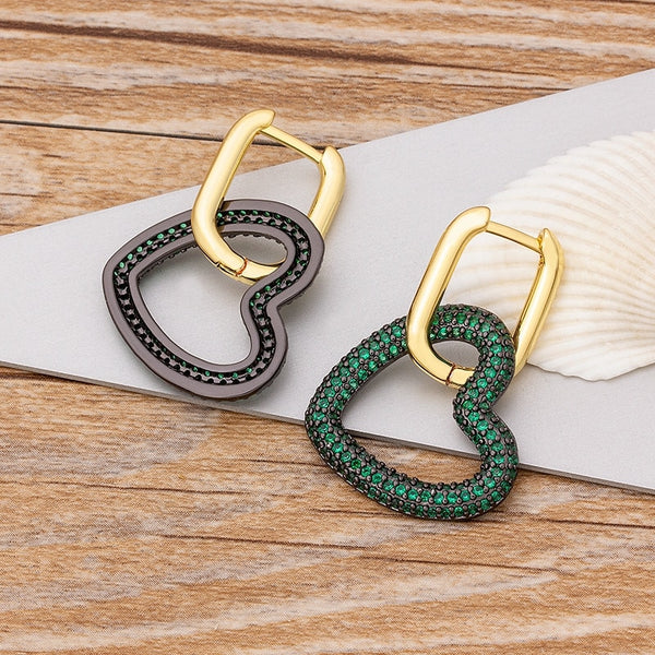 Nuevo diseño de pendientes colgantes de corazón con piedra blanca, colorida y verde, con circonita cúbica.