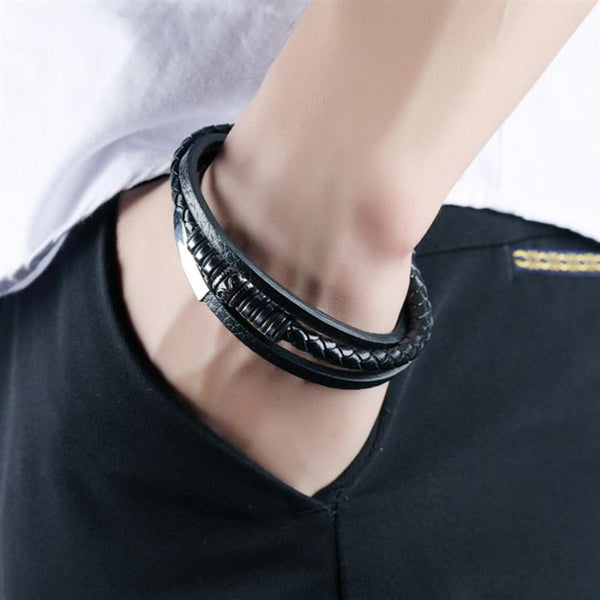 Pulsera de cuero multicapa de lujo para hombre, de acero inoxidable y moderna