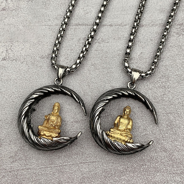 Collar con colgante de Buda con plumas de meditación para hombre, de acero inoxidable, con colgante de Tathagata Avalokitesvara