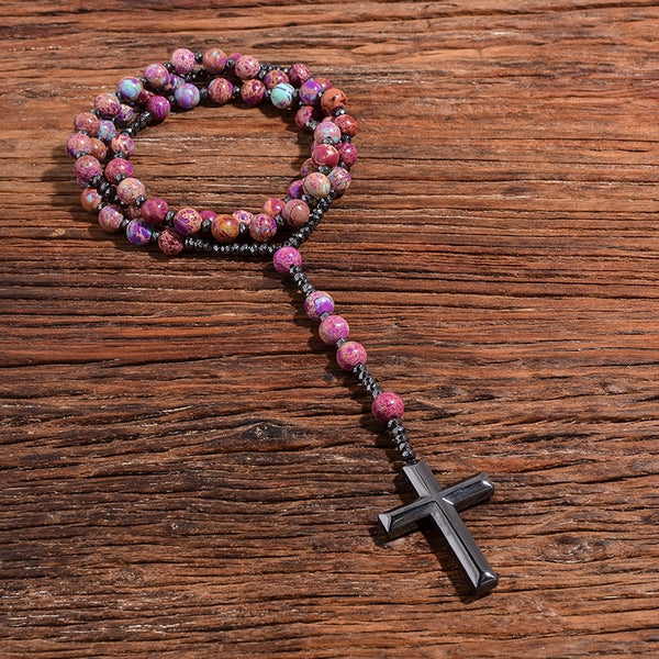 Collar con colgante de cruz de hematita católica de jaspe emperador morado natural