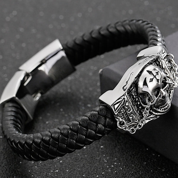 Pulseras de cuero con diseño de calavera punk rock para hombre