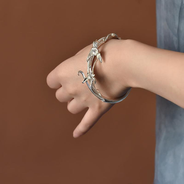 Designer original new handmade ethnic style carved orchid sterling silver bracelet