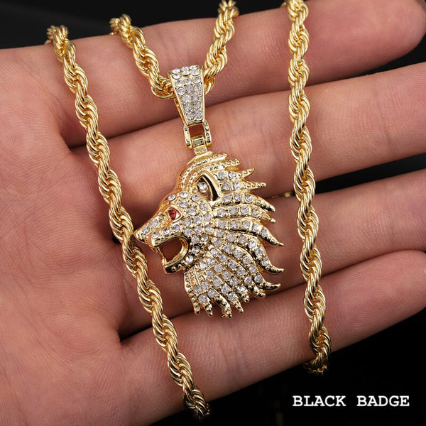 Collares con colgantes de cabeza de león grande con hielo para hombre
