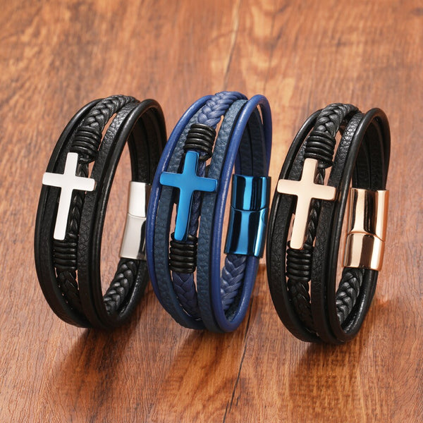 New Retro Men Gold Silver Black Stainless Steel Cross Leather Bracelet