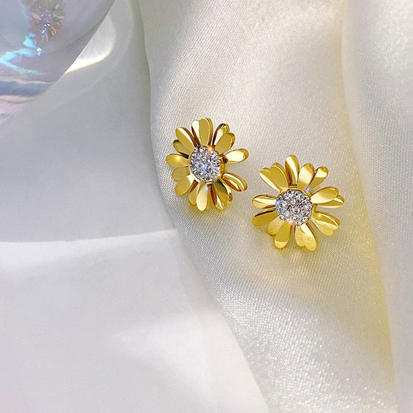 Pendientes de acero inoxidable dorados con diseño de margaritas y flores de sol de circonita de alta gama para mujer
