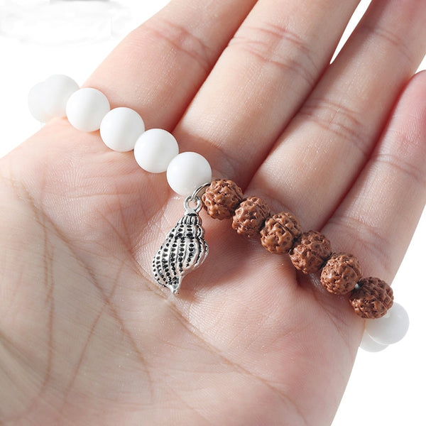 Pulsera elástica de almeja blanca Rudraksha para hombre y mujer