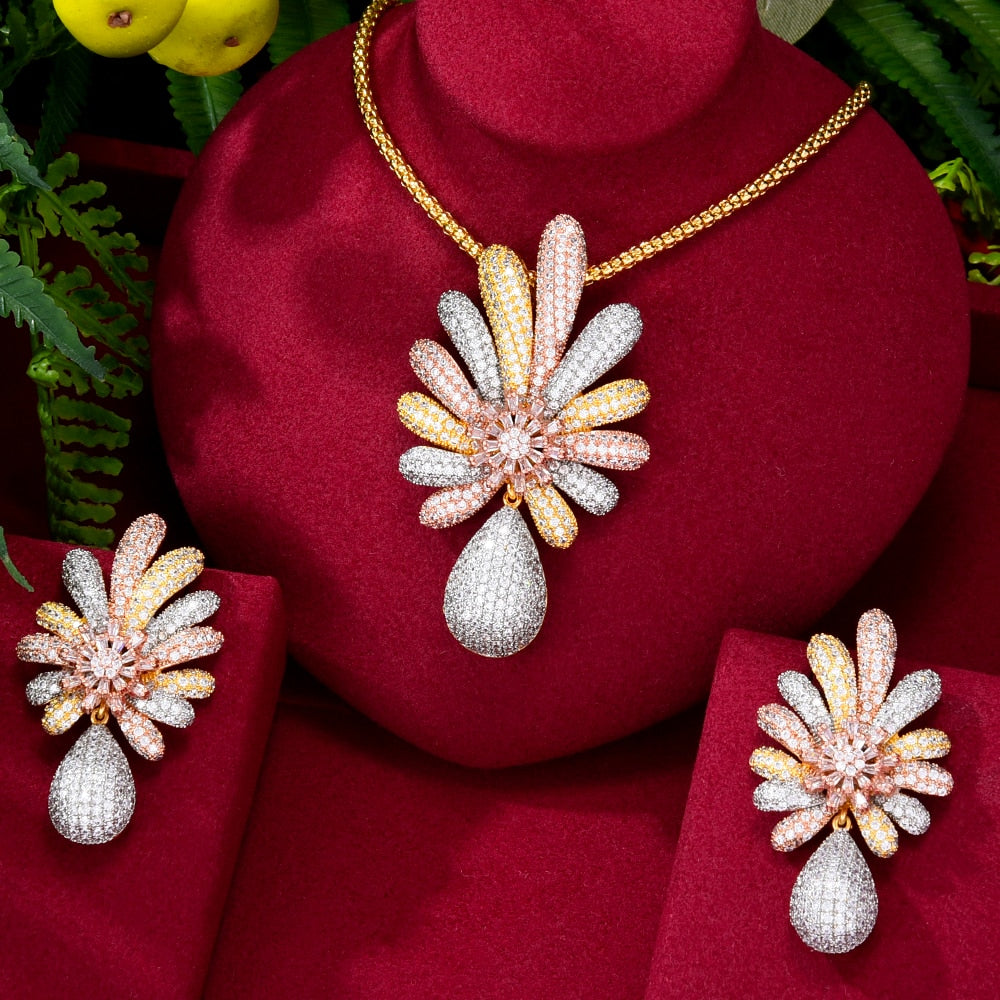 Luxury 2PCS Flower Leaf Necklace Earring Set Dubai Wedding Jewelry Sets