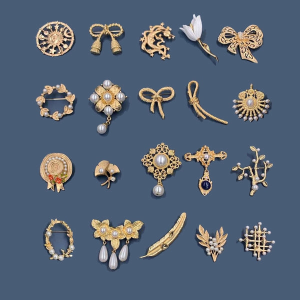 Broche vintage dorado con perla barroca, estrella, luna, lazo, tulipán y ginkgo para mujer