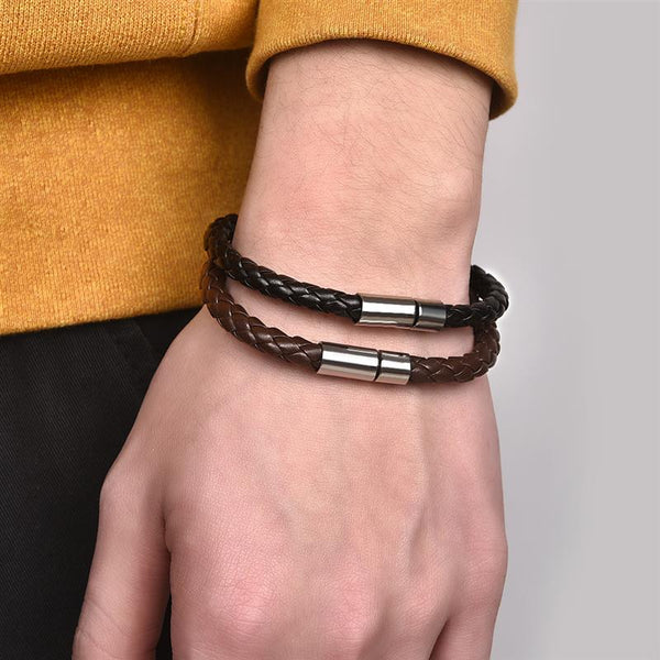 Pulseras de cuero de estilo clásico de 22 cm, pulseras marrones trenzadas sencillas