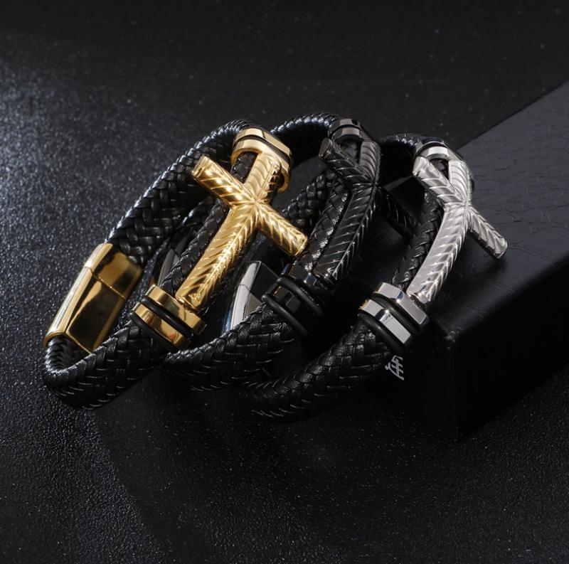 Retro Punk Religious Style Leather Woven Cross High Quality Metal Leather Bracelet