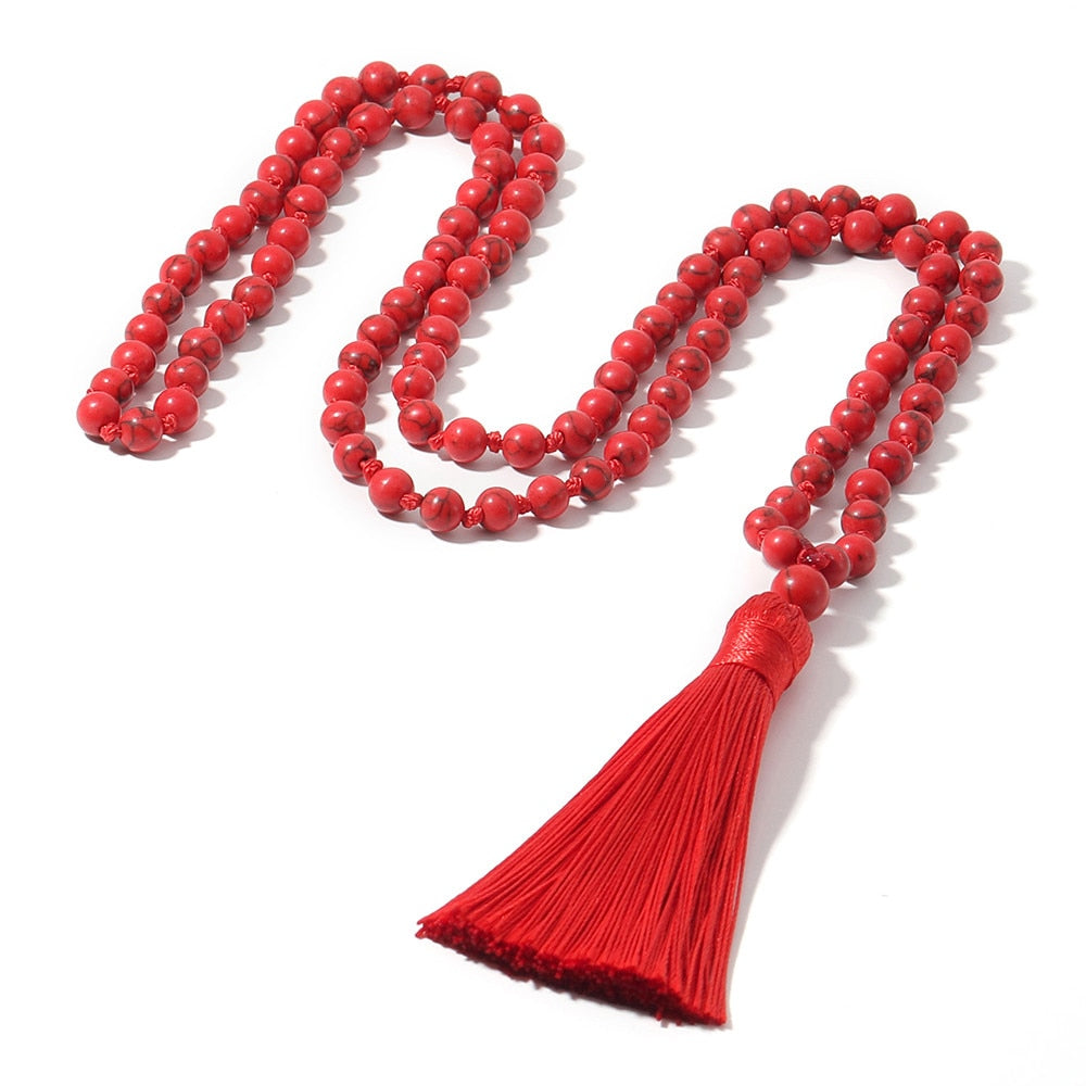 8mm Red Turquoise Beaded Knotted Mala Necklace Meditation Yoga Blessing Healing Jewelry