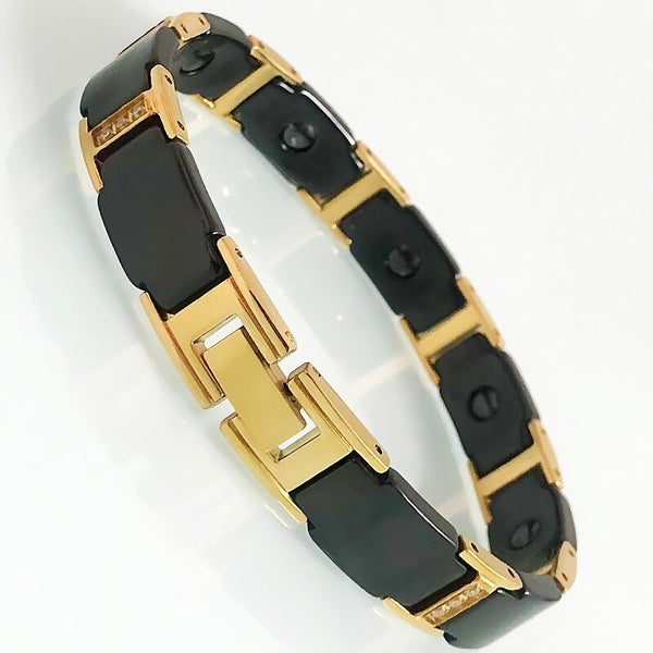 Pulsera de eslabones de cadena de cerámica negra para hombre, pulsera de acero inoxidable macizo con cristales para parejas