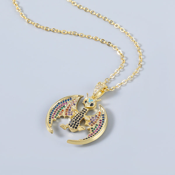 Fashion Metal Copper Rhinestone Flying Dragon Pendant Necklace Women