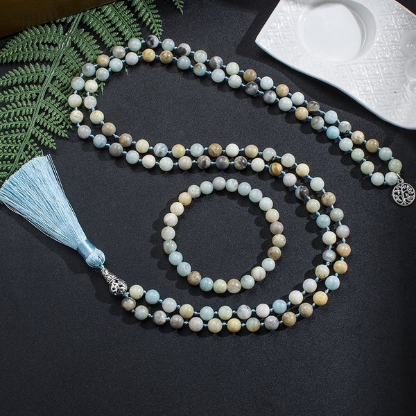 Collar de japamala de amazonita natural de 8 mm para meditación y yoga. Conjunto de joyas con bendiciones.